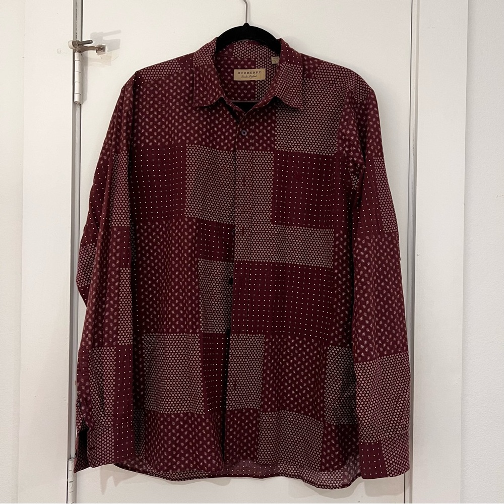 Burberry Button Down Red Burgundy Pattern